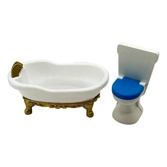 KidKraft Doll House Furniture Bathtub Gold Clawfoot Toilet White Gold Blue - Picture 1 of 7